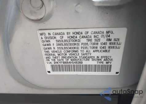 2004 Honda Pilot Ex-L z USA, uszkodzony, nr VIN 2HKYF18684H548269